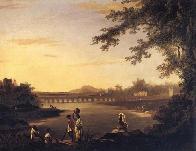 unknow artist A View of Marmalong Bridge with a Sepoy and Natives in the Foreground Germany oil painting art